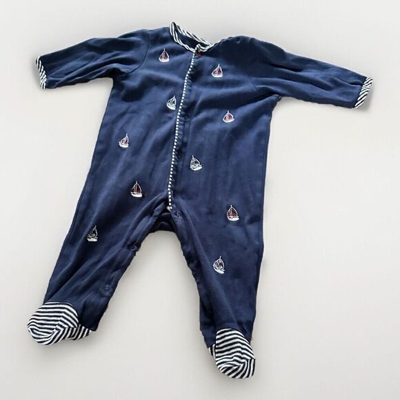 Boys Size 3 Months Little Me Navy Sailboat Embroidered Snap Footie Pjs 1 Piece - Picture 1 of 4